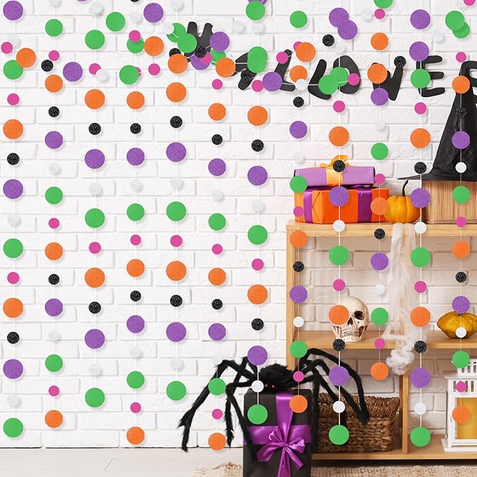 Outus 10 Pieces Orange,Black,Purple,Green,White Round Dots Garland Easter Graduation Party Hanging Decor Each Length 13.1ft Glitter Paper Dot Streamers for Birthday Wedding Classroom