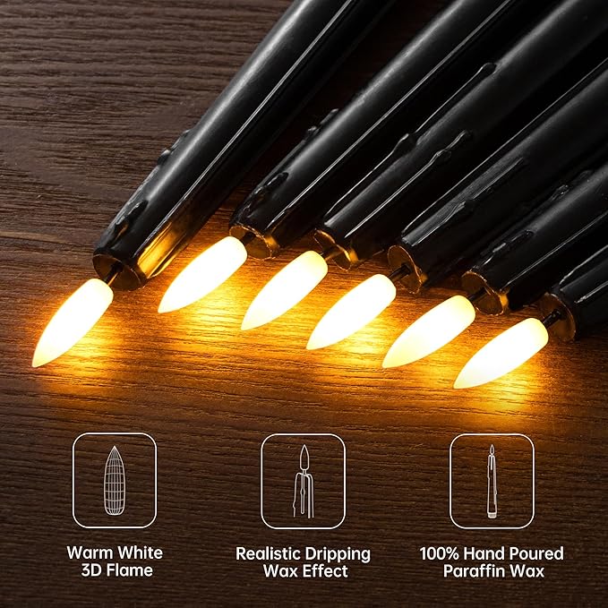 Black Flameless Taper Candles with Remote and Timer - 9.65 Inch Real Wax LED Candlesticks - Wax Drip Battery Operated Halloween Taper Candles with 3D Flickering Flame Halloween Decor, 3 Pack