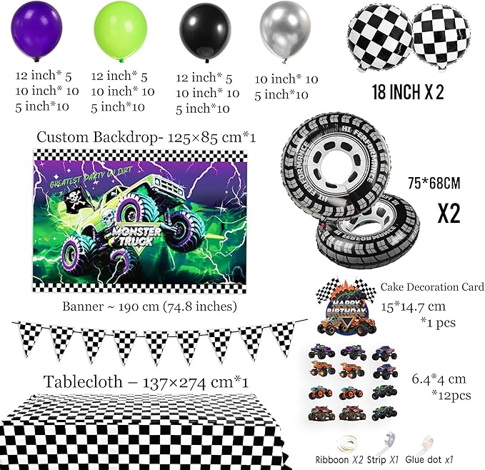 Monster Truck Theme Birthday Decorations include Purple Green Black Balloons Ribbon Arch Cake Paper Card Toppers Tablecloth Backdrop Truck Birthday Decor for Boys Racing Party Decoration Supplies