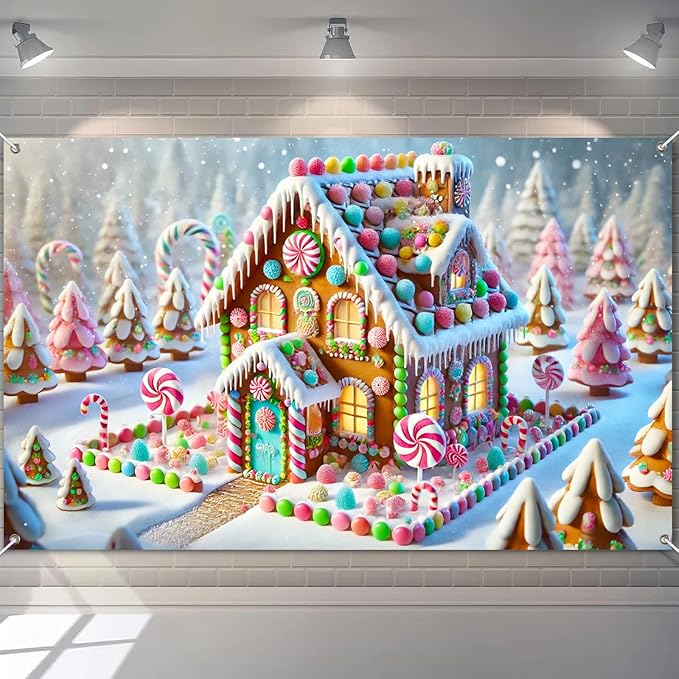 Christmas Gingerbread House Banner Candy Land Holiday Decor Colorful Sweet Winter Wonderland Backdrop for Party Wall Decoration Kids Home Photo Booth Display 71 X 43 Inches