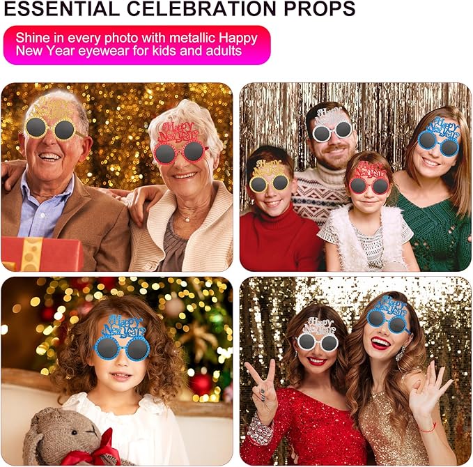 Happy New Year Metallic Glasses Shiny 2026 Party Eyeglasses for Adults & Kids Fun NYE Accessories & Photo Booth Props