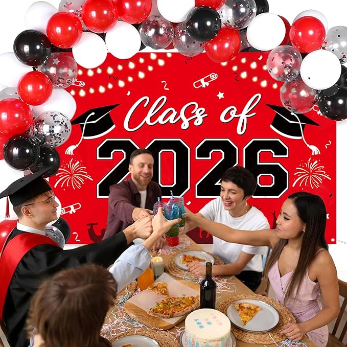 Graduation Decorations Class of 2026-123pcs Red Black Graduation Party Decorations include Balloon Boxes with Letters, Balloon Arch Kit and Backdrop for 2026 Grad Party Supplies