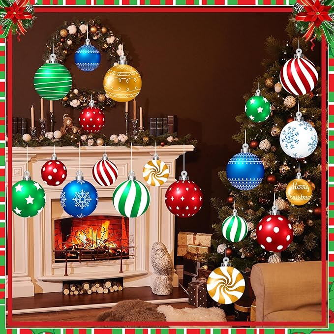 Huwena 24 Pcs Christmas Decorations Outdoor Christmas Hanging Ornaments Peppermint Candy Yard Signs Double Sided Lawn Decorations Peppermint Ornaments for Xmas(Red,Green,Blue,Silver)