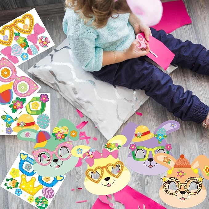 WorldBazaar Easter Bunny Mask Crafts 24 Packs DIY Paper Spring Bunny Mask with Stickers Classroom Family Activities Spring Crafts Easter Party Supplies
