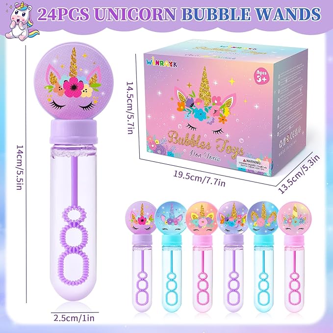 Winrayk 24 Large Unicorn Bubble Wands with Gift Box, Kids Unicorn Party Favors - Pastel Bubbles Bulk (6 Style & 3 Color), Pinata Filler Goodie Bag Stuffer Carnival Prize Summer Girls Birthday Supplies