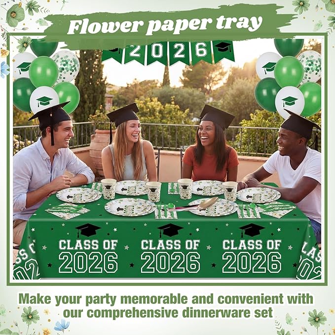 400 Pcs Class of 2026 Green Floral Graduation Decorations for 50 Guest, Green Gold Flower Graduation Paper Plates Napkins and Cups Cutlery Grad Tableware for 2026 Congrats Grad Party Supply