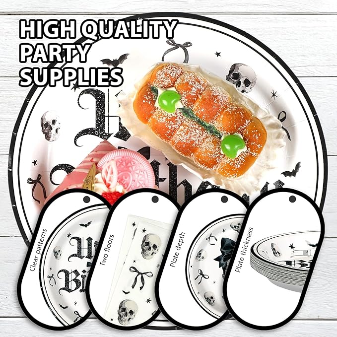 Grencian 96Pcs Gothic Birthday Party Supplies Goth Skeleton Birthday Paper Plates and Napkins Tableware Sets Black Bow Skull Decorations Favors for Kids Girls Halloween Horror Bday Party Serves 24