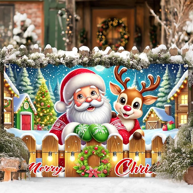 Merry Christmas Santa Reindeer Banner 71x43 Inches Merry Christmas Tree Scene Banner Holiday Photography Background Indoor Outdoor Seasonal Party Wall Decoration Winter Backdrop