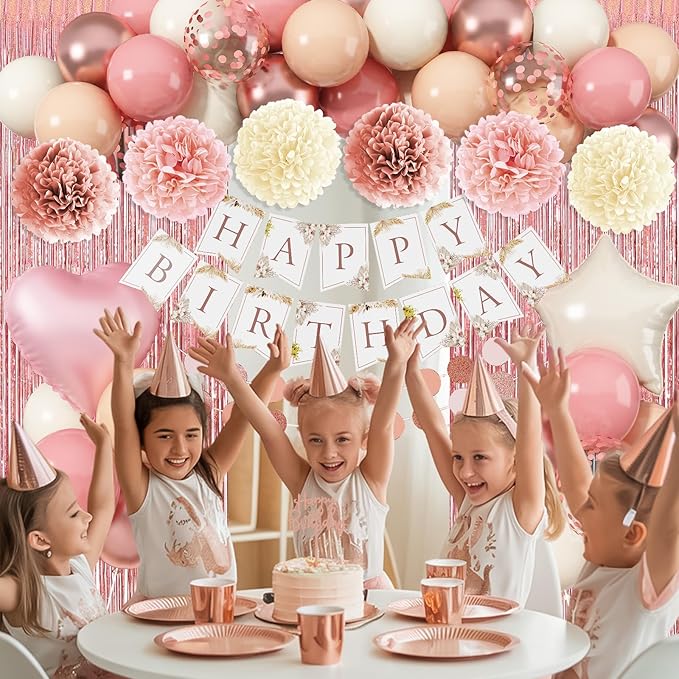 Pink Birthday Decorations for Women, Boho Dusty Pink Rose Gold Blush Beige Latex Balloons Happy Birthday Banner Foil Fringe Curtain Tissue Paper Pompom for Woman Girls Party Decoration Supplies