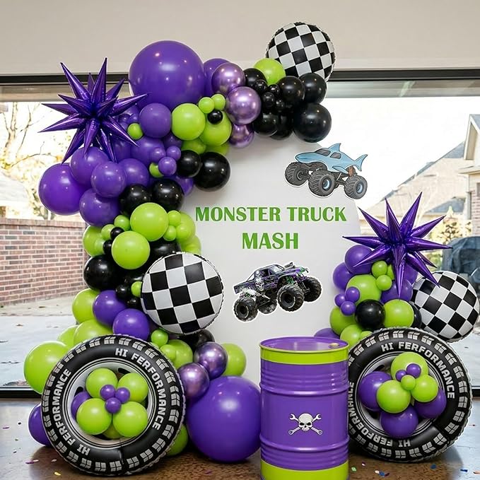 Monster Truck Purple and Green Black Balloon Garland Arch Kit with Big Wheels checkered star mylar foil tire balloons For Kids 3th 4th Birthday Monsters Racing Car Theme Party Decorations