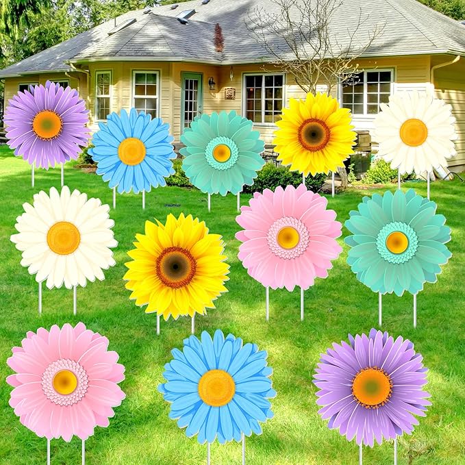 Amyhill 12 Pcs Spring Flower Yard Decoration for Outdoor Floral Daisy Garden Lawn Signs with Stakes Waterproof Hello Spring Decor for Easter Festive Holiday Party Patio Lawn Walkway Decorations