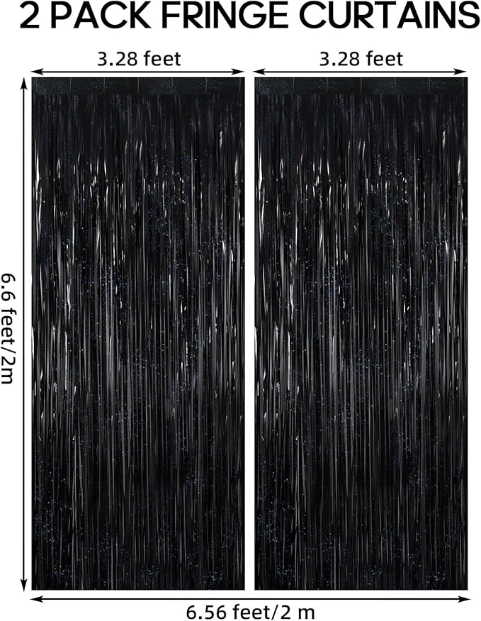 2 Pack Fringe Curtains Backdrops, Foil Fringe Curtains, Door Streamers for Birthday Wedding Bridal Shower Holiday Graduation Party Decorations, Photo Booth Backdrops, Glitter Black