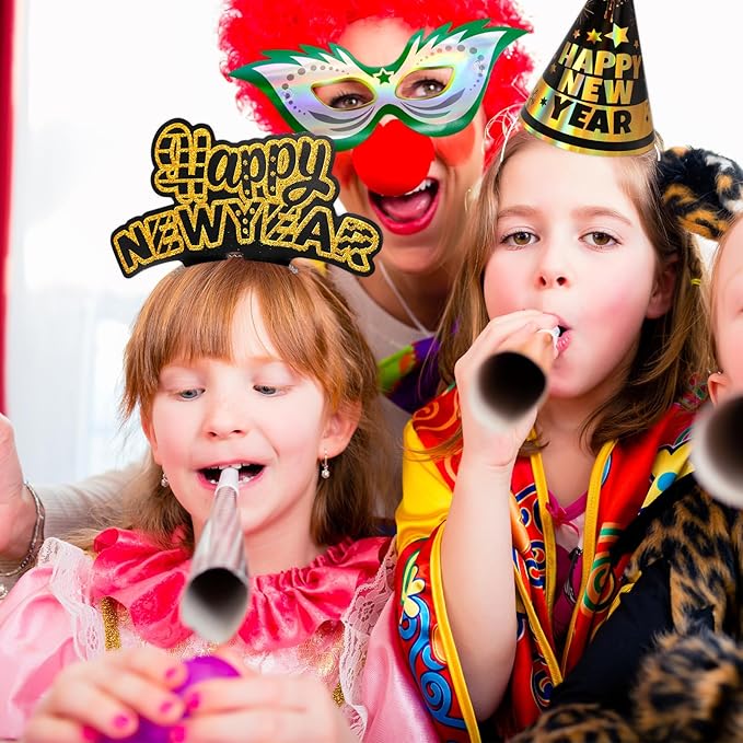 Fancy Land New Years Eve Party Supplies for 25 Guests 2026 75 Pcs NYE Party Supplies Gold Silver NYE Hats Glitter Tiaras Decorations Noise Makers Paper Masks Favors Kits