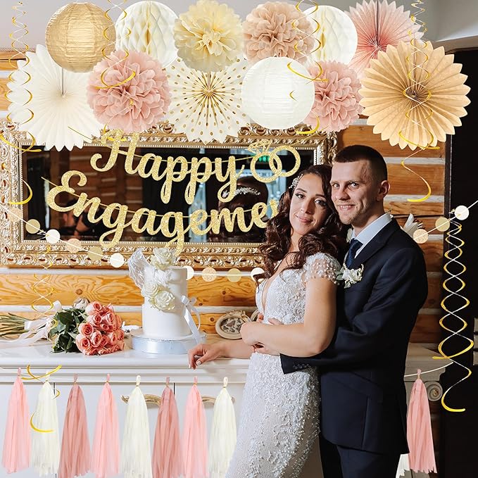 Roetyce Engagement Party Decorations, Champagne Pink Glitter Happy Engagement Banner, Almost Married/Just Engaged Photo Background, Gold Congratulations Wedding Bachelorette Backdrop Decor