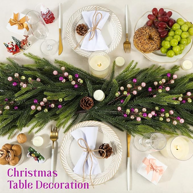 HOHOTIME 24 Pack Artificial Berry Stems Branches, Christmas Faux Champagne Pink Lime Purple Holly Colorful Berries Branch Ornaments for Christmas Tree Wreath DIY Craft Decorations Holiday Home Decor