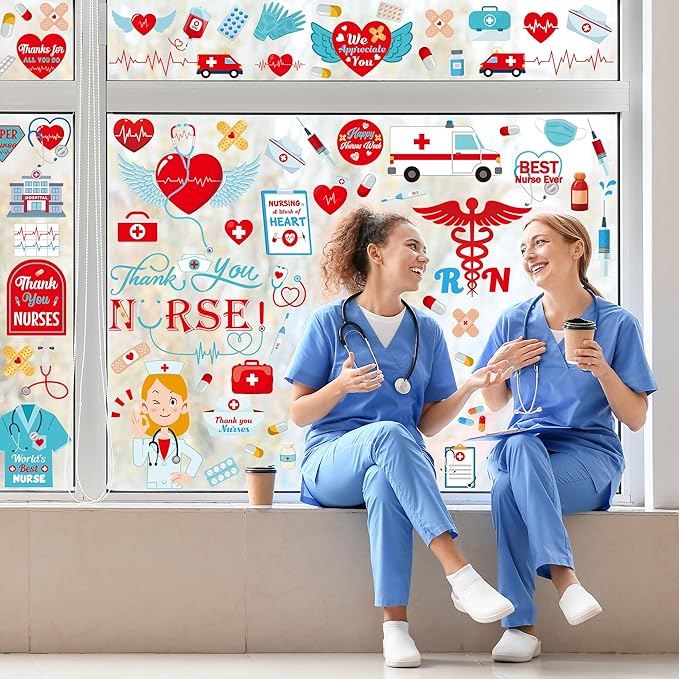 82 PCS Nurses Week Decorations, 9 Sheets Nurses Week Window Clings with Hearts, Thank You Nurse Appreciation Week Decor, Double-Sided Nursing Stickers for Windows Stores Offices Parties