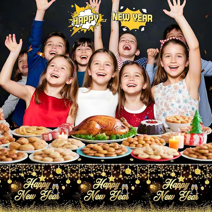 3 Pack New Years Tablecloths - Happy New Year Plastic Tablecloth Set, Black and Gold Disposable New Year's Table Cloth Cover Rectangle for 2026 New Years Eve Party Supplies Decorations, 108x54 Inch