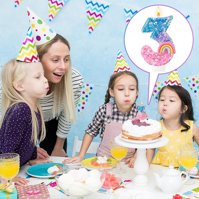 Rainbow Birthday Number Candles, Number 3 Candles, Cupcake Decorations, Macaron Birthday Cake Decorations, Cartoon Theme Party Supplies (Number 3)