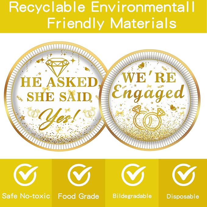 141PCS Engagement Party Decorations, Happy Engagement Banner Ring Foil Balloons He Asked She Said Yes Disposable Dinnerware with 1 Pcs Tablecloth, Wedding Proposal Decorations