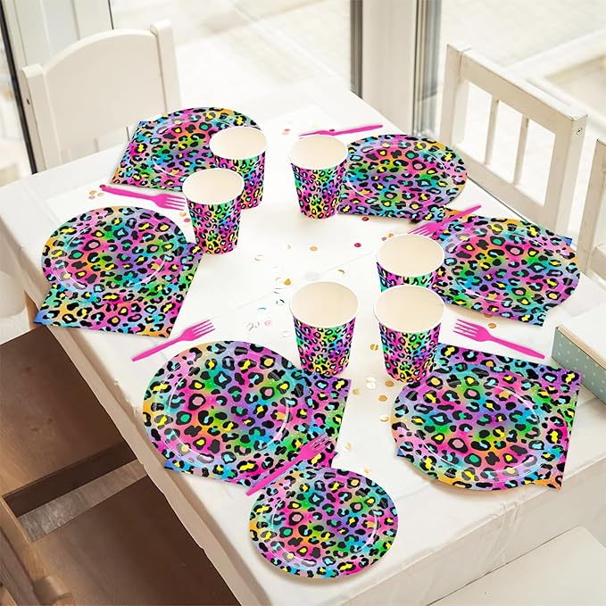 120pcs Neon Rainbow Leopard Birthday Party Supplies Paper Plates Napkins Cheetah Girl's Sparkly Splatter Paper Tableware Set Disposable Cups Pink Forks 24 Guests