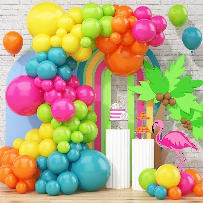 141 Pcs Rainbow Easter Balloon Arch Kit, Hot Pink Lime Green Orange Slate Blue Yellow Latex Neon Summer Tropical Balloon Garland for Hawaiian Luau Aloha Birthday Baby Shower Pool Party Decorations