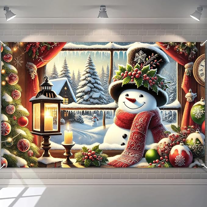Christmas Snowman Banner Backdrop Poster Winter Scene with Snowman Holiday Photo Booth Wall Hanging Decoration 71×43 Inch