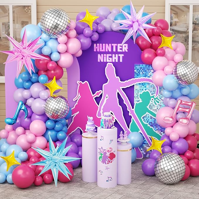 JOGAMS 173Pcs Cool-Tone K-Pop Stage Balloon Arch Kit, Blue Purple Pink Performance Style Balloons with Disco Foils for Birthday, Prom & Music Backdrop Decor