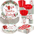Dandat 350 Pcs Baby Shower Plates Set Serves 50 Tableware Sets Include Plates Napkin Cup Forks Knives Spoons Disposable Dinnerware (Christmas Santa Baby,Red)