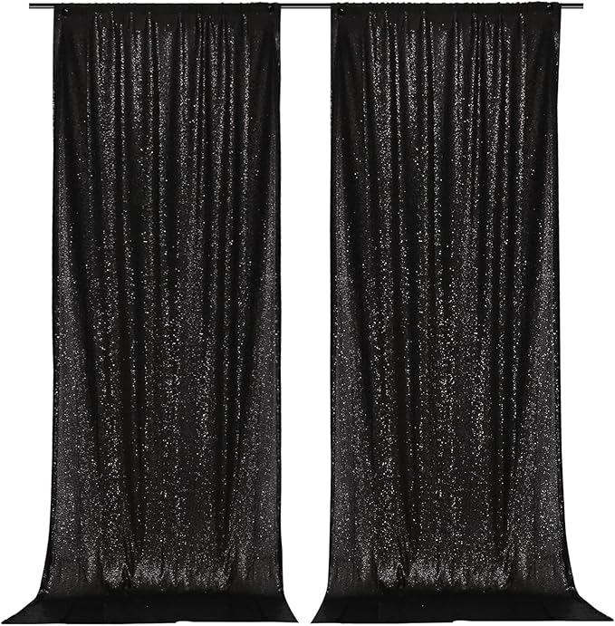 PartyDelight Black Sequin Backdrop 5x10ft 2 Panels - High Density 3mm Shimmer Sequin Background with 4-Inch Rod Pocket, Sparkly Photography Curtain for Prom, Gala, Stage & Event Decor