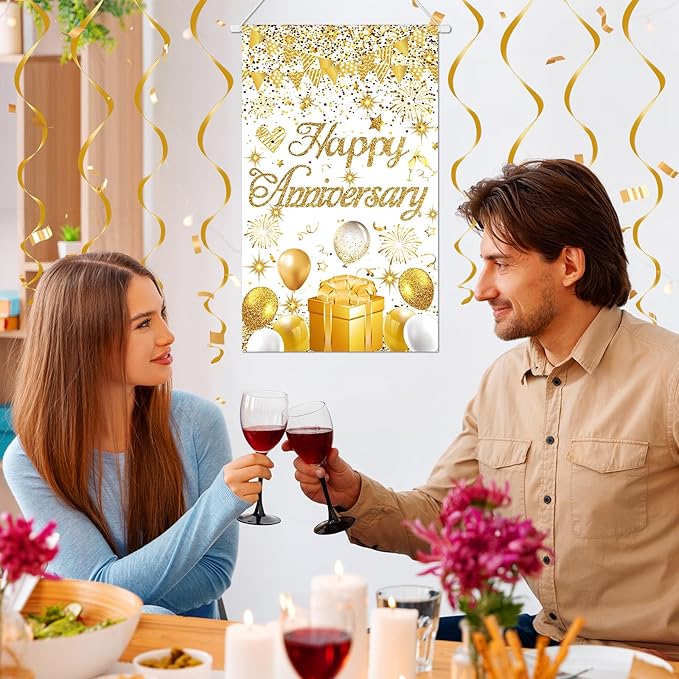 Anniversary Party Decorations White Gold Happy Anniversary Door Banner Sign Small Wedding Anniversaries Door Hanging Banner Porch Front Door Decor for Women Men Cruise Door Sign Supplies