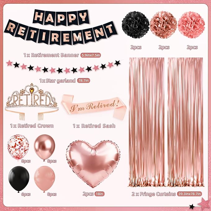 Retirement Party Decorations, 44Pcs Rose Gold Retirement Decorations for Women Include Happy Retirements Banner Retired Sash Crown Fringe Curtain & Foil Balloons for Women Retirements Decorations