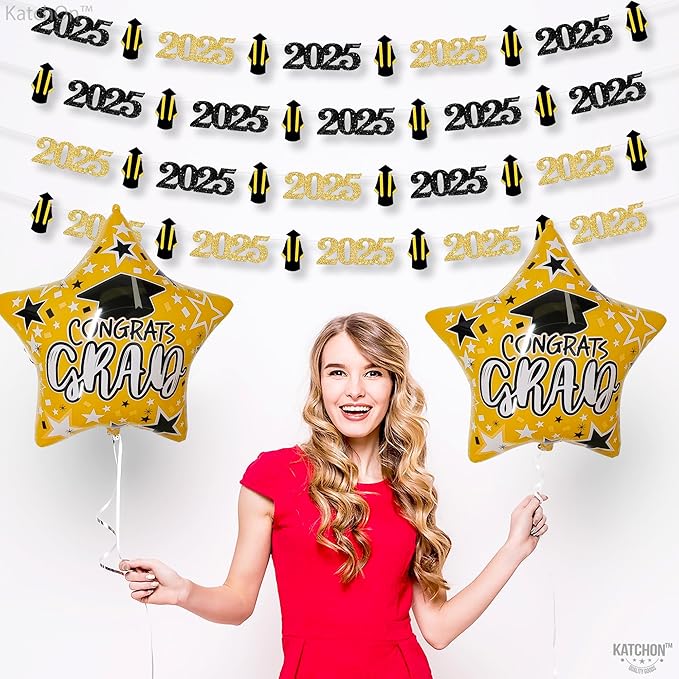 KatchOn, Black and Gold Grad Garland 2025-10 Feet, No DIY | Grad Garland Class of 2025 | Graduation Decorations 2025 | Grad Cap Decor for Graduation Decorations 2025