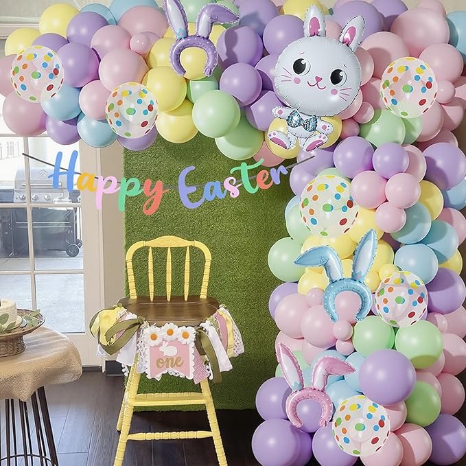 Easter Balloon Arch Garland Kit, 12" 10" 5" Pastel Balloons with Bunny Rabbit Foil Balloon for Easter Party Decorations Spring Indoor Outdoor Party Supplies