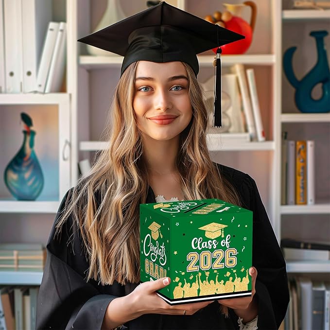 Graduation Card Box 2026 - Congrats Grad Card Boxes Holder, Green and Gold Class of 2026 Graduation Gift Cards Box for Graduation Party Decorations 2026 Favors Decor Supplies Props,9x 9 x 9 inches
