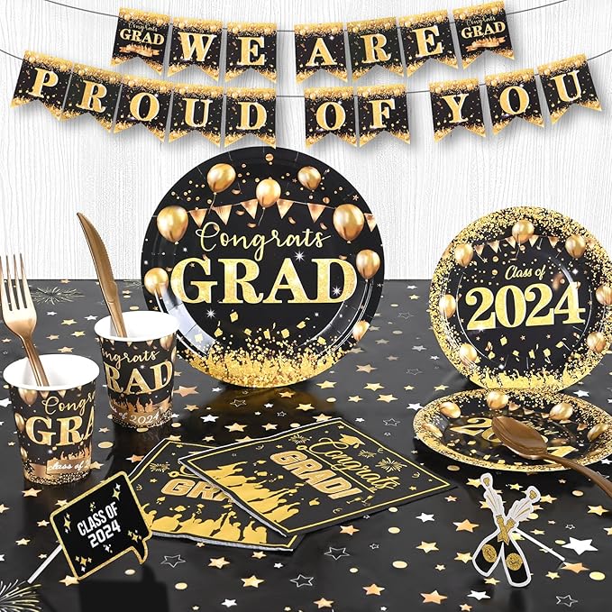 204Pcs Graduation Party Decorations Class of 2024- Graduation Party Supplies with Grad Backdrop, Banners, Balloons Kit,Paper Plates,Cups,Napkins,Cutlery,Tablecloth and CupCake Toppers-Black & Gold