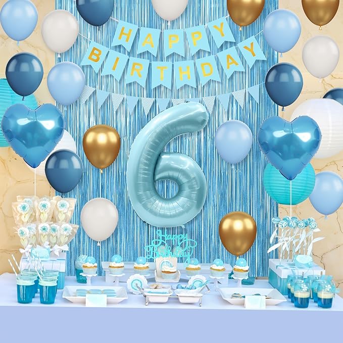 6th Birthday Decorations Blue White Gold, 25pcs Balloons, Banner, Fringe Curtain, Cake Topper, Heart Balloons for Boys Girls 6 Year Old Birthday