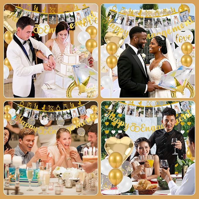 Engagement Party Decorations - Gold Engagement Congratulations Decor, HAPPY ENGAGEMENT Banner, Thickened ECO Ring Balloon Kit with Photo Timeline Banner, Heart Streamers Garlands