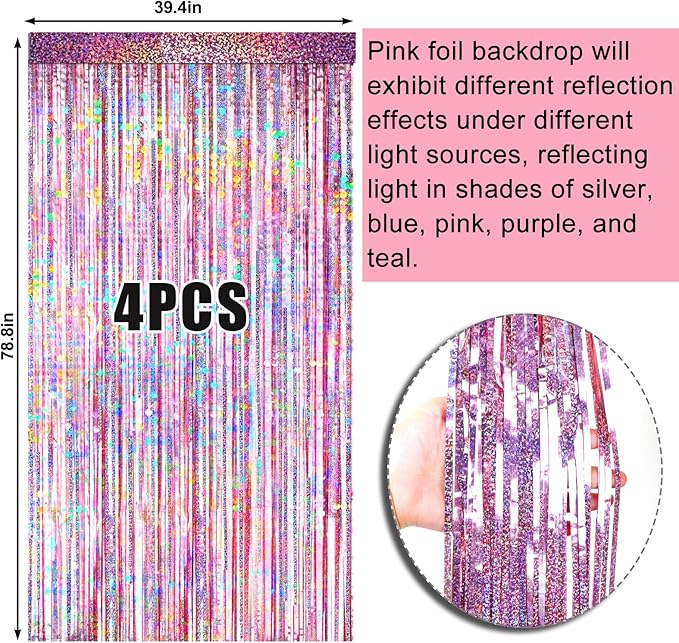 4 Packs Pink Foil Fringe Curtain, Pink Glitter Metallic Tinsel Backdrop for Birthday, Wedding, Baby Shower, Princess Bachelorette Cowgirl Party Decorations Supplies