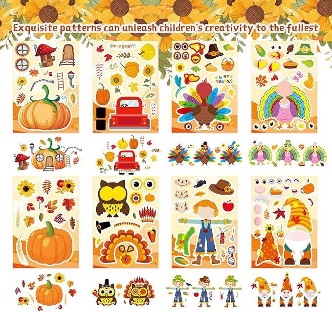24 PCS Thanksgiving Stickers, Make a Turkey Face Stickers for Kids, Make Your Own Sticker Thanksgiving Party Favors Supplies, Fall Autumn Harvest Pumpkin Sticker