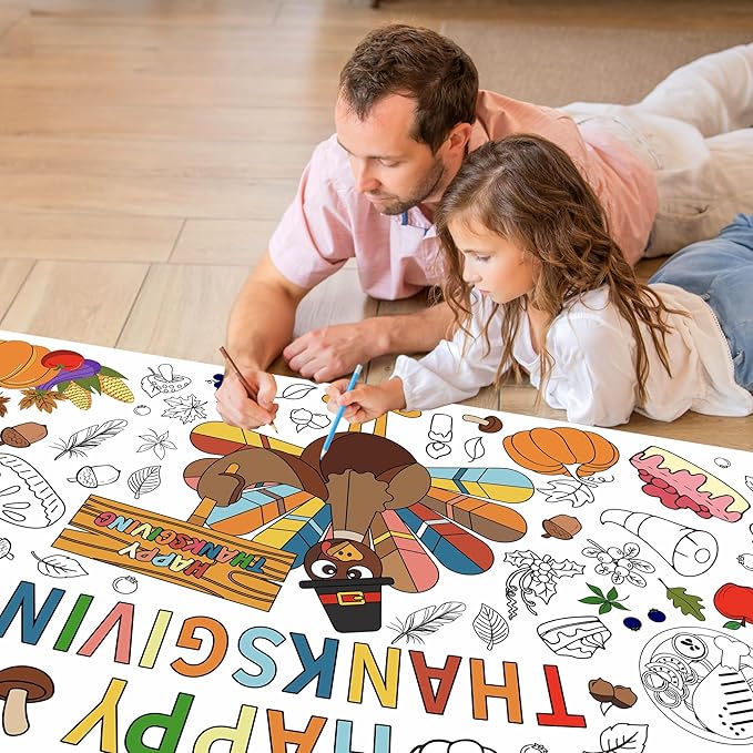 Thanksgiving Coloring Posters,Fall Turkey Coloring Paper Tablecloth for Thanksgiving Decorations Party Home Activity Supplies,30 x 72 Inch