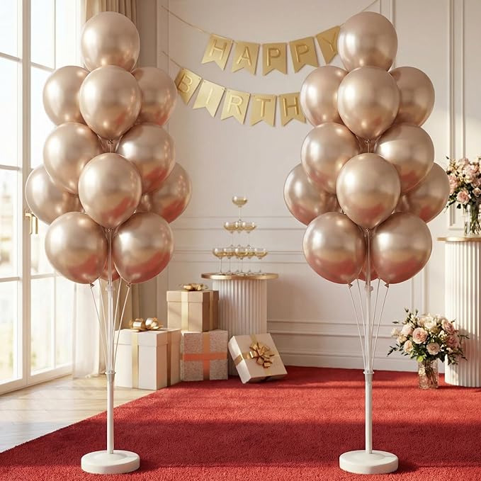 2 Sets Champagne Gold Balloon Stand Kit-Balloon Column Holder with Metallic Rose Balloons for Birthday, Wedding,Baby Shower,Graduation,Anniversary Party Decorations Centerpiece