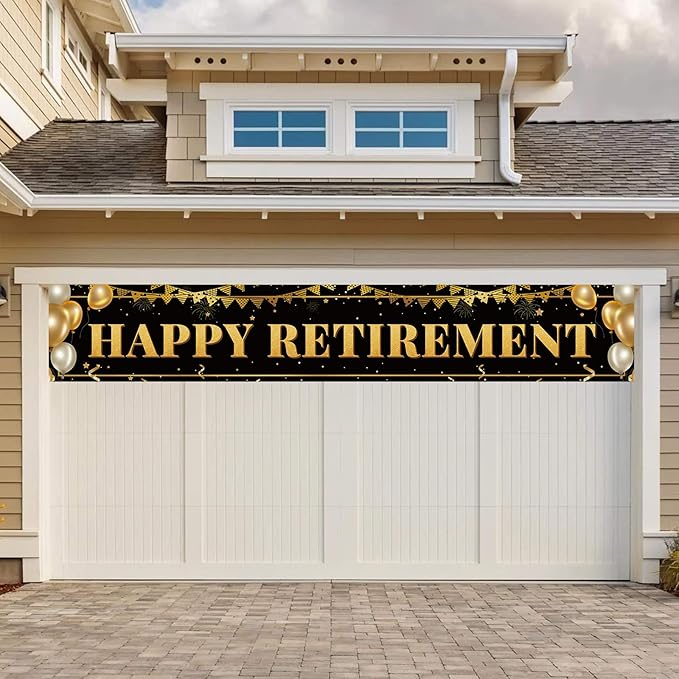 Large Happy Retirement Banner, Black and Gold Retirement Banner Sign, Party Decorations Supplies (9.8x1.6ft)