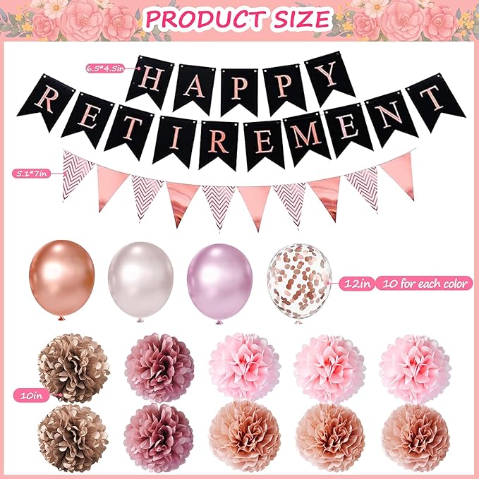 67 PCS Happy Retirement Party Decorations Rose Gold Women Banner Foil Balloons Cake Toppers Pompoms Retired Sash for Retirement Party (Rose Gold)