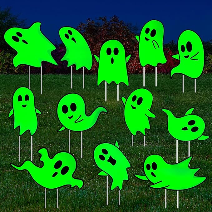 Jetec 12 Pcs Halloween Outdoor Decorations Ghost Yard Signs with Stakes Glow in The Dark Horror Ghost Halloween Decorations Luminous Plastic Sign Scary Party Outside Decor for Lawn Patio Yard Garden