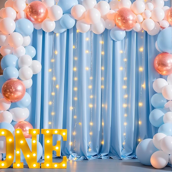 Blue Backdrop Curtains with Lights for Parties,10x10FT Wrinkle Free Polyester Wedding Photo Backdrop Curtains for Baby Shower Birthday Ceremony Reception Home Party Decorations-5ft x 10ft,2 Panels