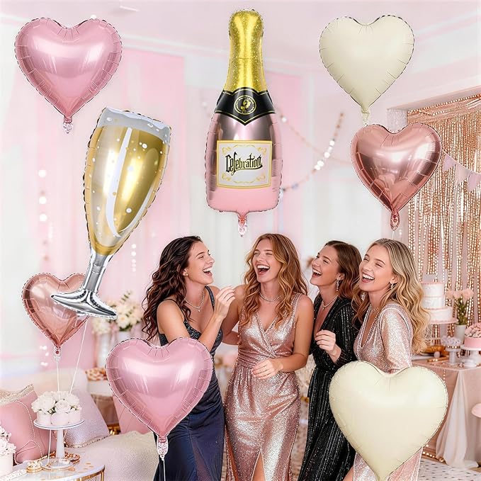 Champagne Balloons, Bachelorette Party Balloons with Champagne Bottle Glass Foil Balloon Rose Gold Pearl Pink Cream Heart Balloon for Engagement Birthday Bridal Shower Wedding Anniversary Decorations