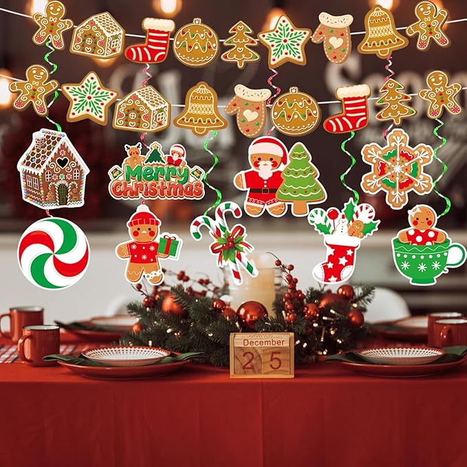 Christmas Decorations Christmas Banner and Gingerbread Hanging Swirls for Xmas Winter Holiday Party Supplies