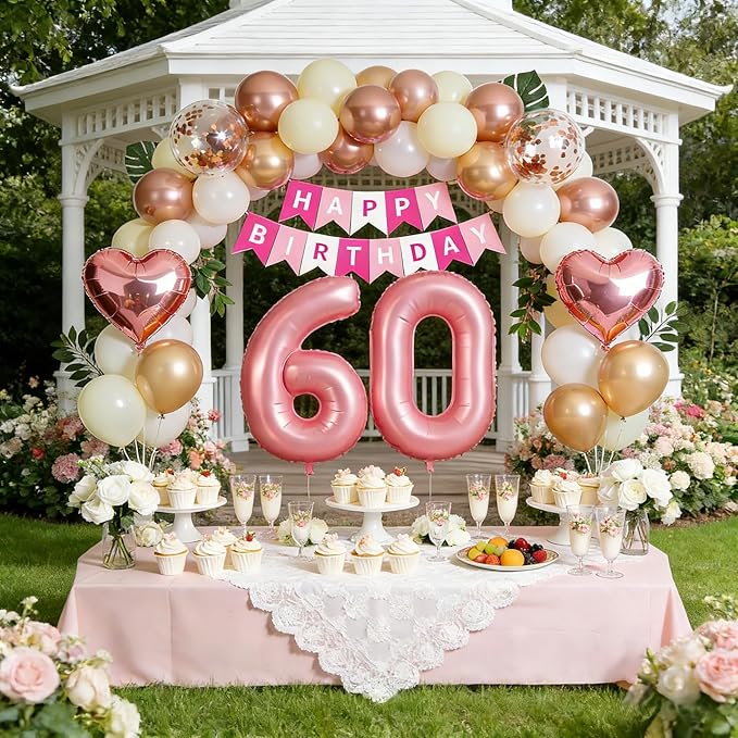 60th Birthday Decorations for Women, Rose Gold and Pink Party Supplies Set with Happy 60th Banner, Number 60 Balloon and Foil Fringe Curtains, 60 Year Old Kit