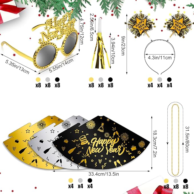 2026 New Years Eve Party Supplies for Guests Happy New Year Headbands Hats Noise Makers Glasses Necklace