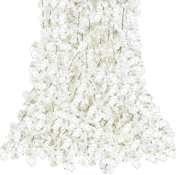 Sggvecsy Cherry Blossom Garland Artificial Cherry Flower Vines 6 Pack Hanging Silk Flowers Garland for Home Wedding Garden Party Arch Office Decor (White)